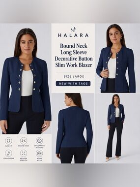 Halara Round Neck Long‎ Sleeve Decorative Button Slim Work Blazer Navy Large NWT